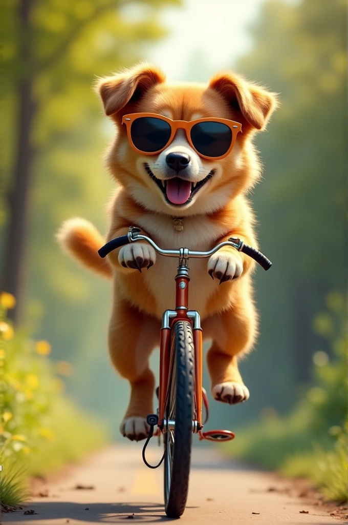 A dog riding a bicycle with sunglasses