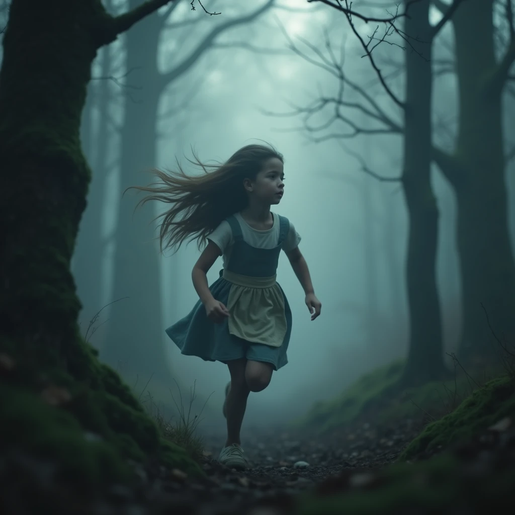 (Mysterious Fog), a beautiful young girl running through a mysterious, misty forest, The girl is facing forward and running away from a shining shadow. Her long black hair flows behind her, and a huge glowing shadow is chasing the girl. (Beautiful and cute face even in fear and panic),Fine facial features, Beautiful eyes, Soft and glowing skin, Cute apron dress, Mossy trees, (Column of light breaking through the fog), (Highest Quality, 4k, (8k), (High Resolution:1.3), (Masterpiece:1.2), (Ultra Detailed), (Realistic), (Photorealistic), (Photorealistic:1.37), Fantasy, Cinematic Lighting, Moody Atmosphere, digital art, concept art, 