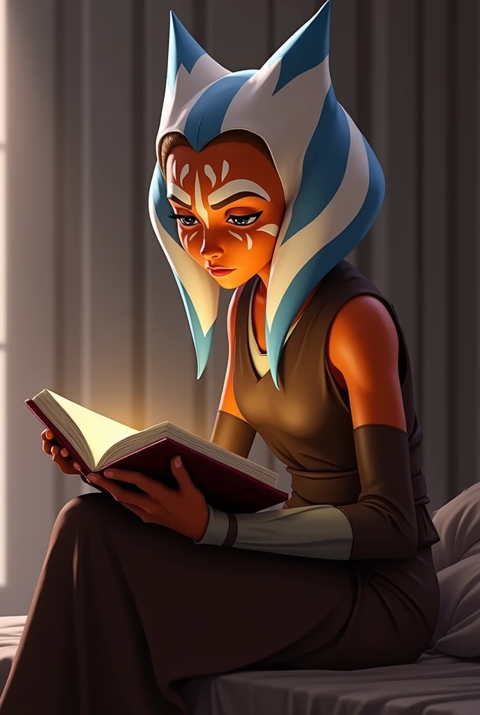 Ahsoka Tano from Star Wars reading a book, animated but not too animated., Like in Star Wars Clone Wars