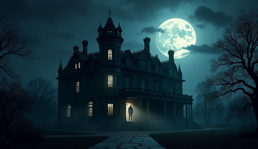 A night view of the mansion, where the full moon illuminates the towers and windows. However, in one of the windows, a shadowy, indistinct figure seems to be watching, creating an atmosphere of surveillance and terror.