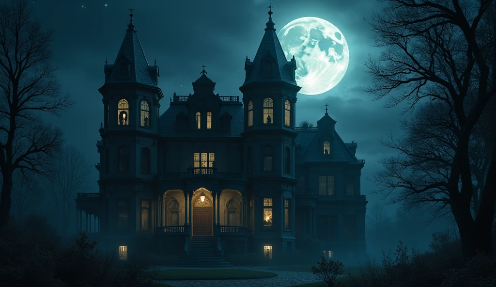 A night view of the mansion, where the full moon illuminates the towers and windows. However, in one of the windows, a shadowy, indistinct figure seems to be watching, creating an atmosphere of surveillance and terror.