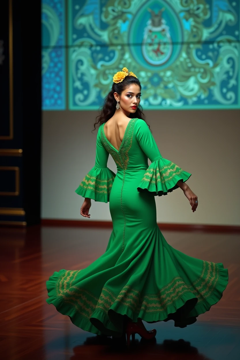 a woman in a green flamenco dress, detailed portrait, full body, dramatic pose, beautiful detailed eyes, beautiful detailed lips, extremely detailed face and skin, intricate ruffled dress, swirling skirts, graceful hand gestures, strong chiaroscuro lighting, dramatic shadows, vibrant colors, oil painting, hyper realistic, masterpiece, 8k, photorealistic