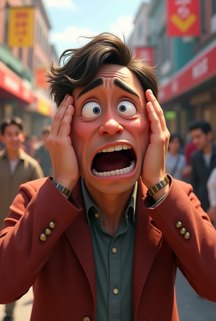 Cartoon Pixar of an Autistic man covering his ears, disturbed by the noise made by people