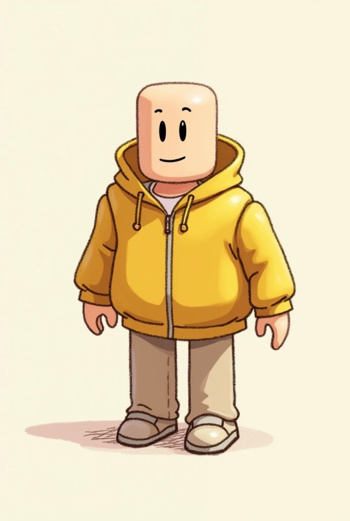 I need an image of a Roblox character facing forward with no hood and a gold jacket, simple hand-drawn style.