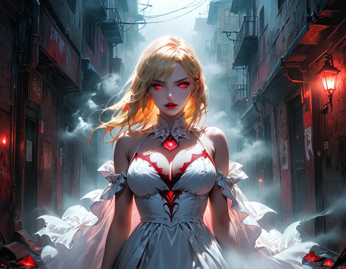 fantasy comic art ((fog: 1.3)) hiding female vampire, you only see a pair of glowing pink glowing eyes )) full body picture, best detailed face,  (((the fog hides the face))), red lips, busty, stains of blood,  blond hair, vampire teeth: 1.5) white glamour dress, you see only the glowing eyes , you see only the pair of eyes, fantasy dark alley background, the fog fills the alley, you see only the glowing eyes,  vibrant, Hyperrealism style, vibrant, Ultra-high resolution, High Contrast, (masterpiece:1.5), highest quality, Best aesthetics), best details, best quality, highres, ultra wide angle, 16k, [ultra detailed], masterpiece, best quality, (extremely detailed)