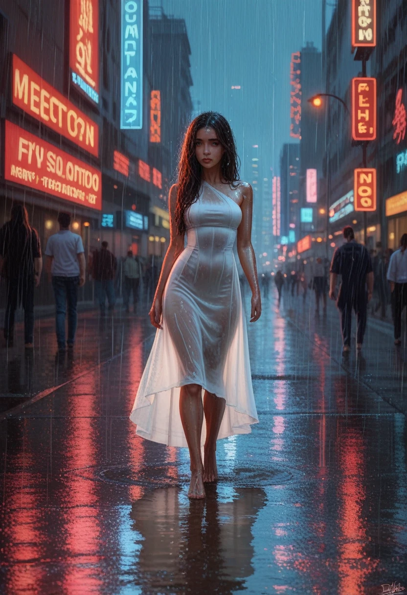 a beautiful cyborg woman, intricate details, masterpiece, absurdres, beautiful figure, slim body, magnificent anatomy, intricate details:1.12, HDR, intricate details, hyper-detailing:1.15, natural skin textures, hyper realistic, soft light, sharp:1.2, walking through a crowded city street, squatting, wet dress, performance, defile, cityscape, modern architecture, neon lights, rainy environment, reflective surfaces, dramatic lighting, heavy rain, raindrops, downpour, wet hair, wet pussy