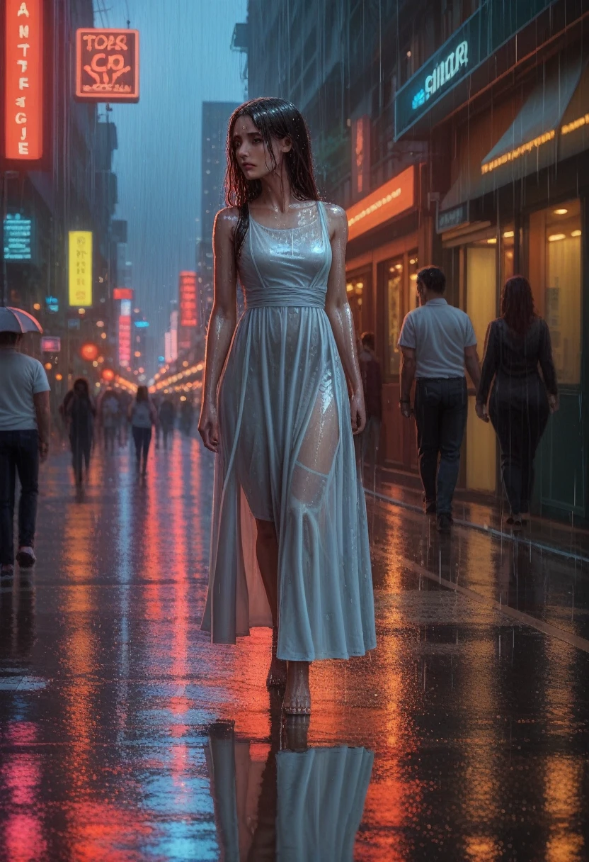 a beautiful cyborg woman, intricate details, masterpiece, absurdres, beautiful figure, slim body, magnificent anatomy, intricate details:1.12, HDR, intricate details, hyper-detailing:1.15, natural skin textures, hyper realistic, soft light, sharp:1.2, walking through a crowded city street, squatting, wet dress, performance, defile, cityscape, modern architecture, neon lights, rainy environment, reflective surfaces, dramatic lighting, heavy rain, raindrops, downpour, wet hair, wet pussy
