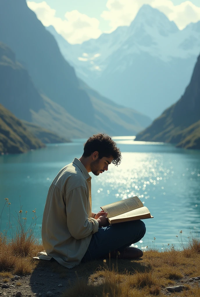 A deserted place, a breathtaking landscape, a man sitting with a book in his hand reading. 