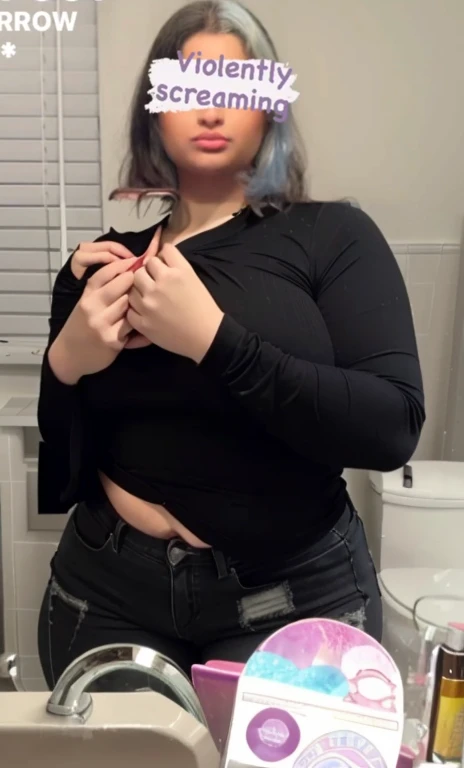 there is a woman taking a selfie in the mirror, wearing a y cropped top, 1 7 - year - old goth girl, thicc, half body cropping, she has a jiggly fat round belly, full body picture, outfit photo, 18 years old, middle body shot, wearing a black bodysuit, she is wearing a black tank top, Big , huge , no clothes, sexcute, wide hips, thick thighs, pear-shaped body, minimal clothes, thick, bbw, cby stomach, thick nipples, reola, nipples hrough suscular, strong, thick hips, minimal clothes, low cut v neck shirt with cleavage, fat chubby stomach, fat round stomach, naked fat stomach, no pants