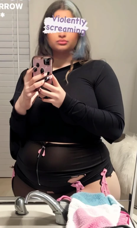 there is a woman taking a selfie in the mirror, wearing a sexy cropped top, 1 7 - year - old goth girl, thicc, half body cropping, she has a jiggly fat round belly, full body picture, outfit photo, 18 years old, middle body shot, wearing a black bodysuit, she is wearing a black tank top, Big , huge , no clothes, sexy, cute, wide hips, thick thighs, pear-shaped body, minimal clothes, thick, bbw, chubby stomach, thick nipples, large areola, nipples hard through shirt, muscular, strong, thick hips, minimal clothes, low cut v neck shirt with cleavage, fat chubby stomach, bikini, fat round stomach, naked fat stomach, no pants