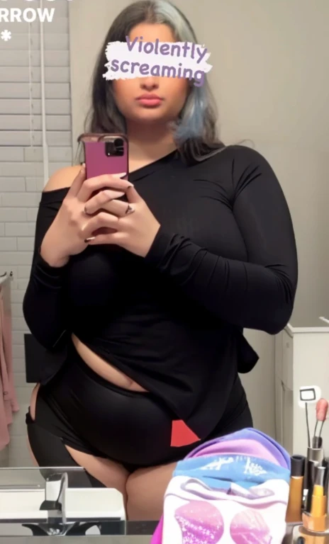 there is a woman taking a selfie in the mirror, wearing a sexy cropped top, 1 7 - year - old goth girl, thicc, half body cropping, she has a jiggly fat round belly, full body picture, outfit photo, 18 years old, middle body shot, wearing a black bodysuit, she is wearing a black tank top, Big , huge , no clothes, sexy, cute, wide hips, thick thighs, pear-shaped body, minimal clothes, thick, bbw, chubby stomach, thick nipples, large areola, nipples hard through shirt, muscular, strong, thick hips, minimal clothes, low cut v neck shirt with cleavage, fat chubby stomach, bikini, fat round stomach, naked fat stomach, no pants