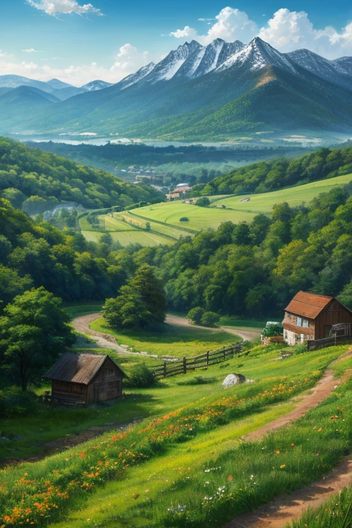 Landscape painting、Rural Scenery、Mountains in the distance、