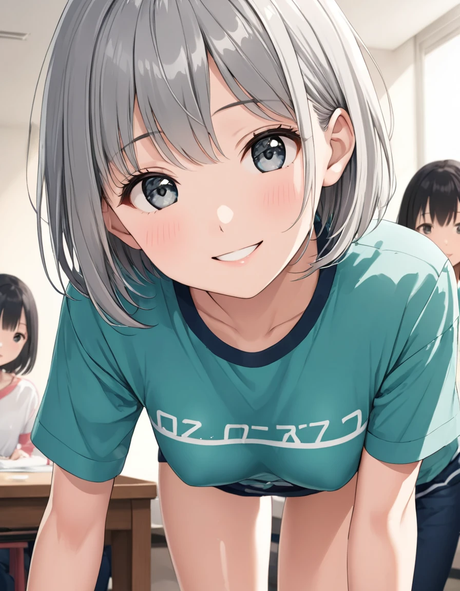 score_9, score_8_superior, score_7_superior,High-resolution images,masterpiece,Highest quality、shirt、Middle school students、Women、Cute Face,Beautiful Skin,Shiny Hair、Short Hair、Gray Hair、( in hair),smile、Leaning forward、flat chest,Breash、