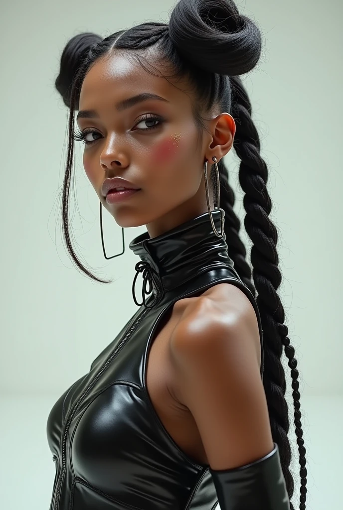 an American model ,pigtails hair details, Y2K Virtual Fashion, Near future, Curve details , double eyelid, simple background,Short dreadlocks,
