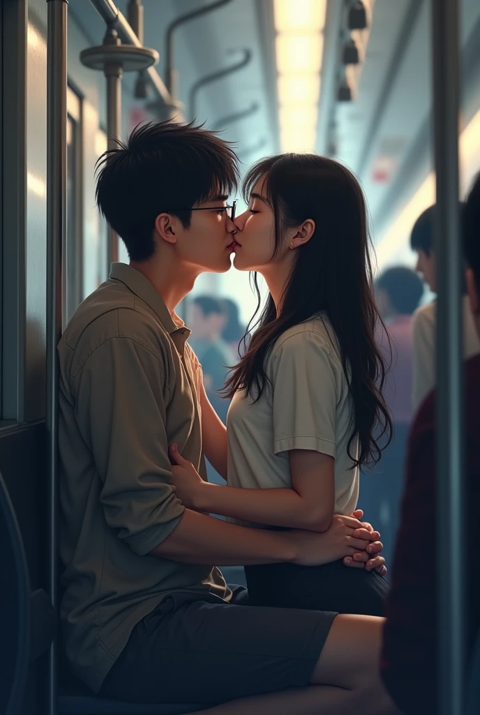 Korean school couple on train girl sitting on top of guy and they are young and kissing