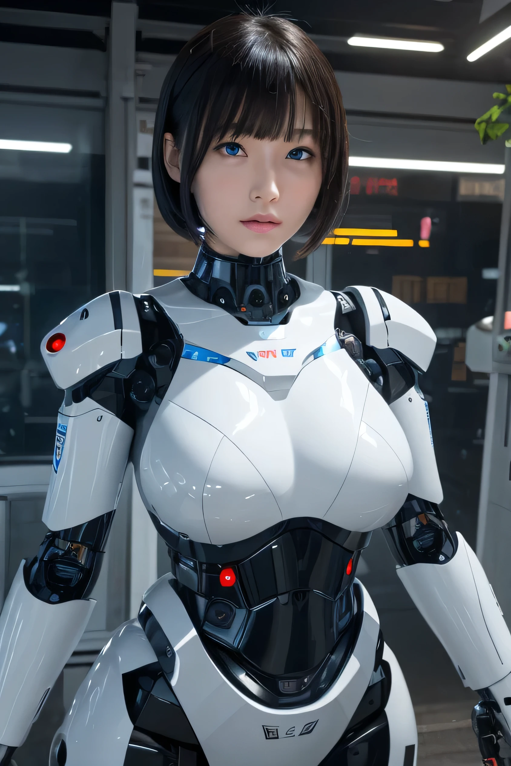 masterpiece, best quality, extremely detailed,8k portrait,Japaese android girl,Plump , control panels,android,Droid,Mechanical Hand, Robot arms and legs, Black hair,Blunt bangs,perfect robot girl,long tube,thick cable connected her neck,android,robot,humanoid,cyborg,japanese cyborg girl ,robot-assembly plant,She has assembled now,assembly scene,white robot body,blue eyes, rolling eyes