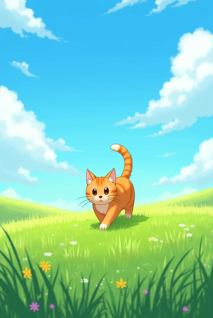 Rusty cat,Mugi-chan,in the vast grassland under the blue sky,a pleasant breeze is blowing