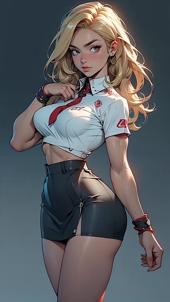 Beautiful strong girl with prominent muscles on the arm and thick thigh.wearing a short embroidered skirt .Her hair is long blonde and reaches her chest. .breasts.Clear, high-quality image