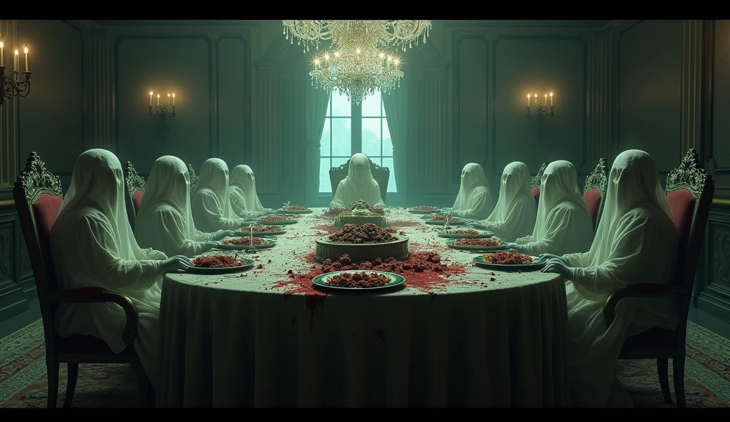 The mansion's dining room, with a large table covered with a banquet. However, the food is rotten and infested with insects. The chairs around the table appear to be occupied by nebulous figures, suggesting the presence of the Whittakers.