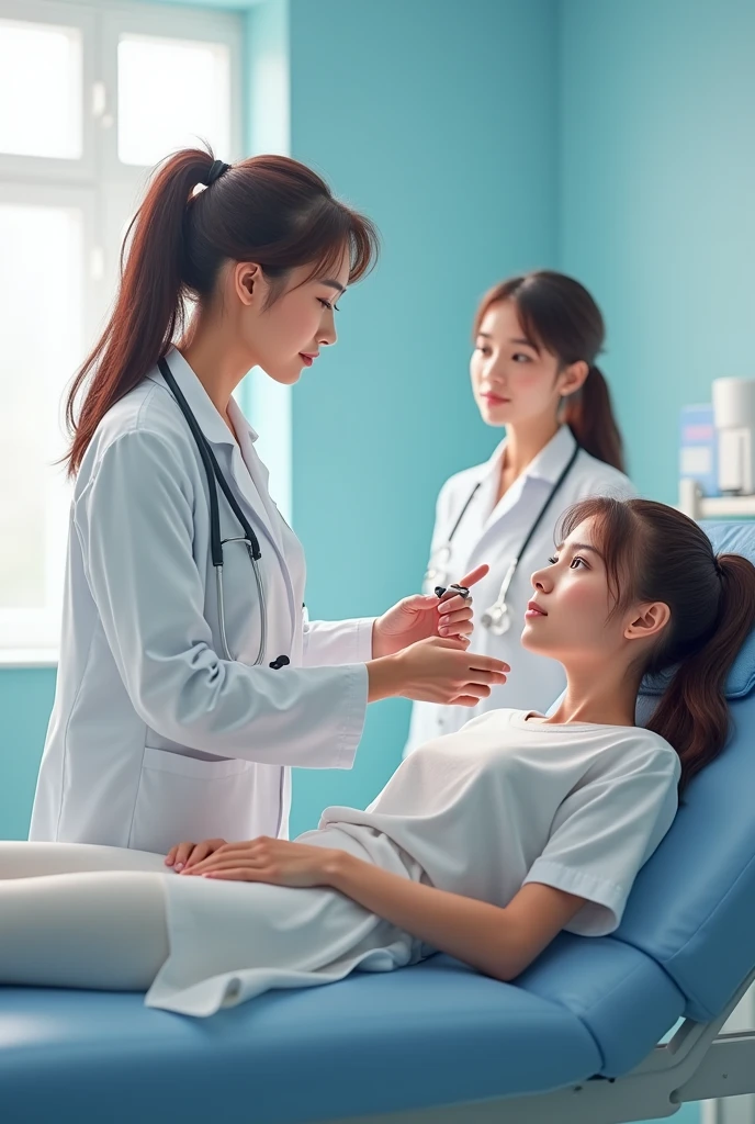 Female gynecologist doctor examining a teenage patient's vagina with her lying on the examination table with her legs open, the mother is by her side.