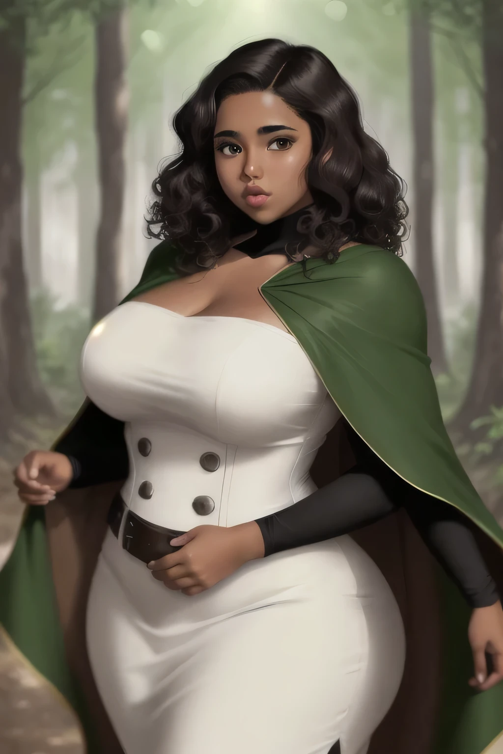 Anime illustration semi-realism of brown skin latina girl, 25 year old, plus size, curvy, overweight, black round eyes, black color hair and wavy curly, big lips, anime, sleek design, brown skin, sideswept hairstyle, round face, wearing green cape and white dress with brown corset, forest town in background, dynamic light,