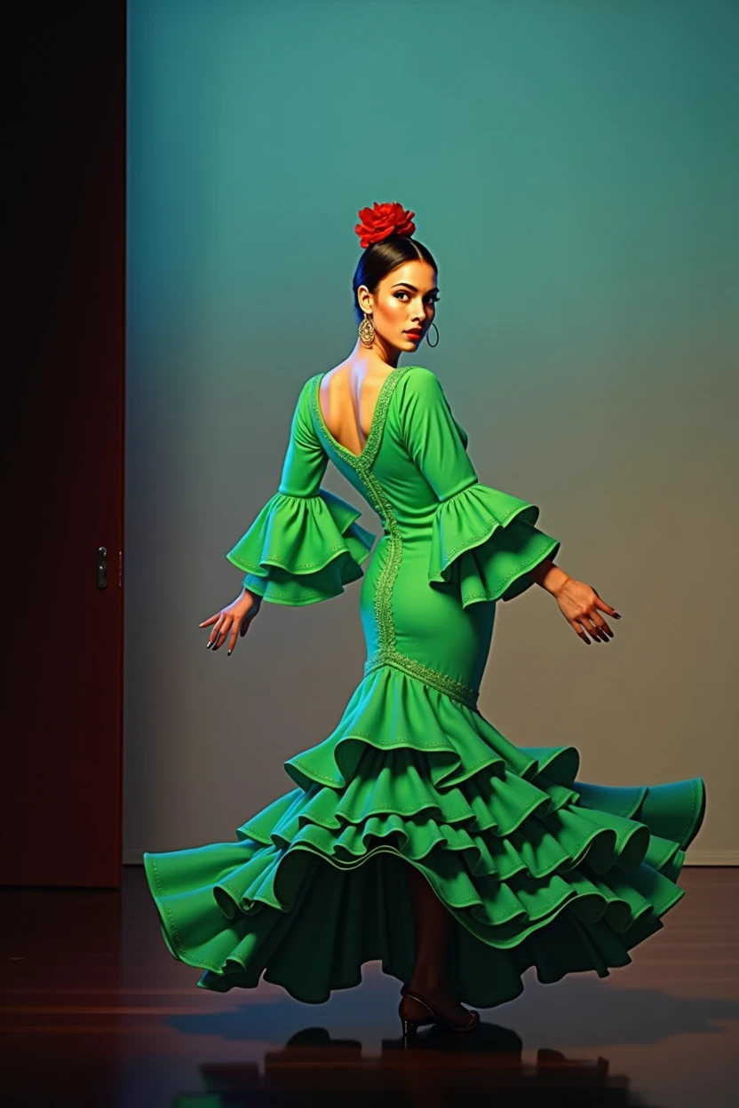a woman in a green flamenco dress, detailed portrait, full body, dramatic pose, beautiful detailed eyes, beautiful detailed lips, extremely detailed face and skin, intricate ruffled dress, swirling skirts, graceful hand gestures, strong chiaroscuro lighting, dramatic shadows, vibrant colors, oil painting, hyper realistic, masterpiece, 8k, photorealistic