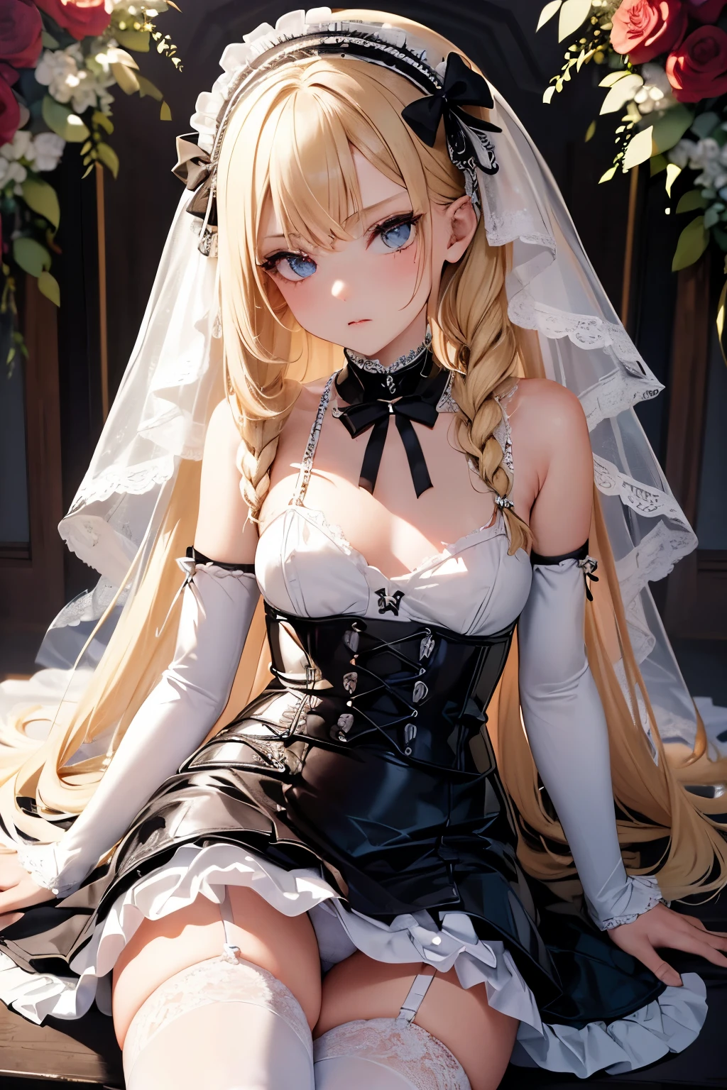Ultra detailed,   girl 8 ,   body  , long blonde hair frinje braided , makeup , gothic bride , flat chest  , punk rock , white latex , pantie  , menacing  face , white  garterbelt , white lace stockings . Bouquet roses. 