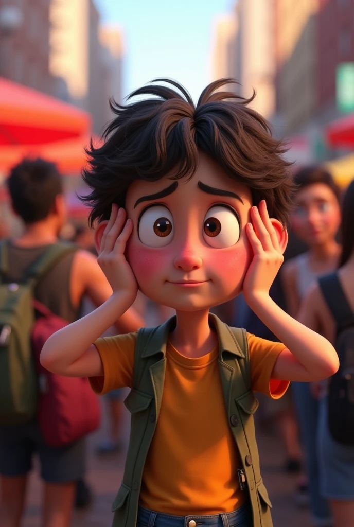 Cartoon Pixar Autistic covering his ears disturbed by the noise made by people