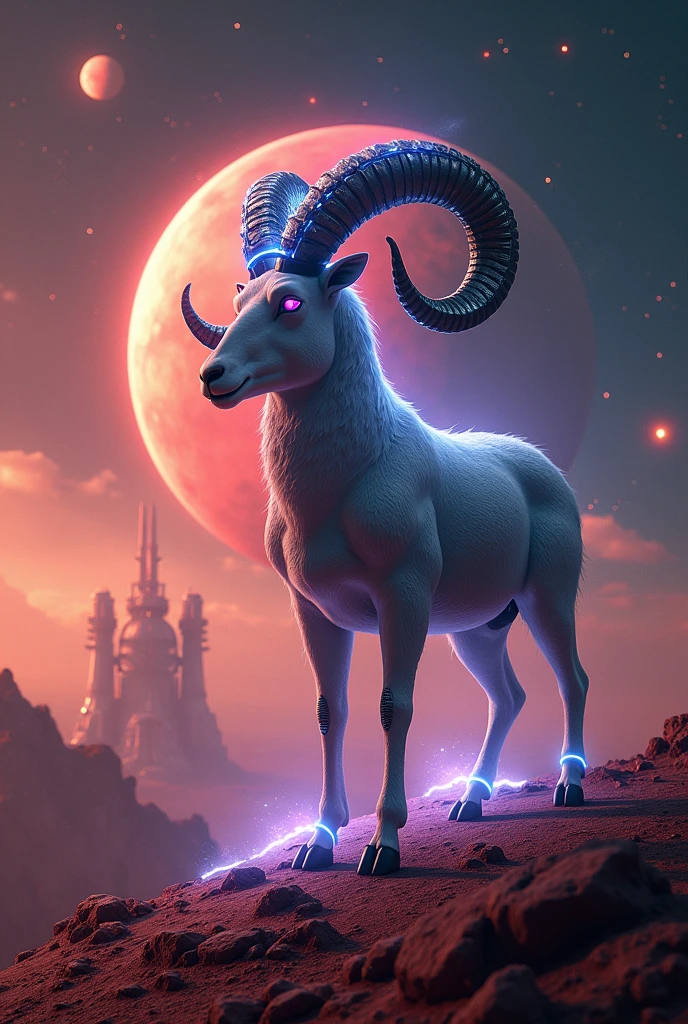 Imagine an ultra-galactic scenario with a deep space background, dotted with bright stars and colorful nebulae. En el centro de la imagen, Mars appears with a reddish hue, but with additional details such as bright rings around the planet. in the spotlight, an imposing figure of a stylized ram, Representing Aries, it is positioned on the surface of Mars, with an ethereal glow emanating from its body. The ram could have a futuristic aspect, with horns adorned with neon lights and metallic details, creating an impressive contrast with the Martian environment. Ao fundo, you can add some spaceships and advanced structures to give a more galactic touch.