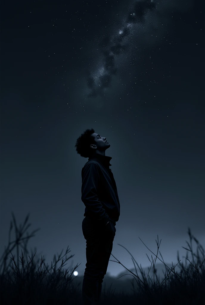 Create a profile picture of a person, in black, Looking up to the sky, The image must show the person&#39;s body, and the sky should also be visible, The sky should be night and starry