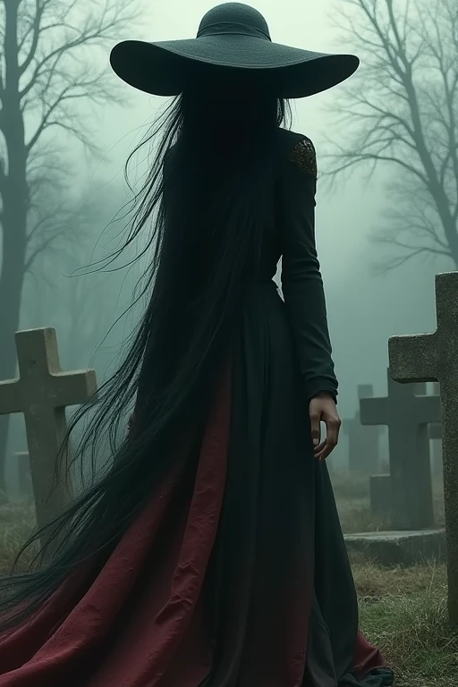 Pombagira Maria rag of souls, works in the cemetery. Wears a hat that covers his eyes, black and dark red rag skirt, long, disheveled black hair, lowered 
