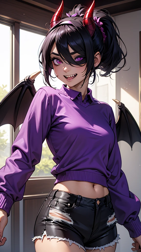 Rosto detalhado, long hair, 8k, hd, hdr, colettetrixie, sharp teeth, hair over one eye, hairband, demon horns, colored sclera, purple shirt, purple shorts, demon wings, evangelyneyoung,leyleyxl, 1girl, solo, (black hair), ponytail, (white pupils, pink eyes:.6), messy hair, short ponytail, (upper body:.6), peitos muito grandes