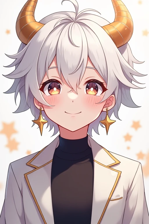 1 anime-style boy and Vtuber 2white jacket star earrings and black collar 3 white hair and white horns with gold details and white star eyes 4 smile
