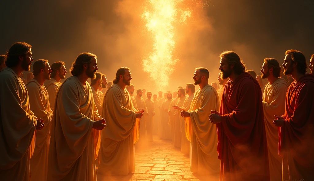 A powerful scene of the descent of the Holy Spirit upon the apostles. Flames and bright lights surround the apostles, which seem inspired and full of energy. The background is dark, highlighting the light and vibrant color of the Spirit.