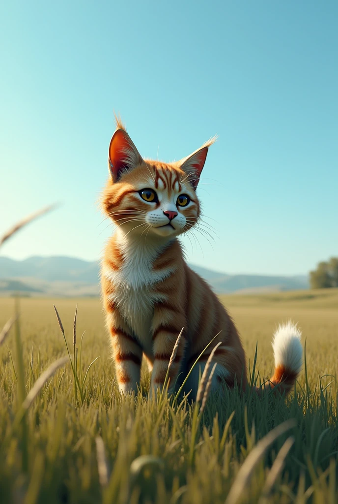 Rusty cat,in the vast grassland under the blue sky,a pleasant breeze is blowing