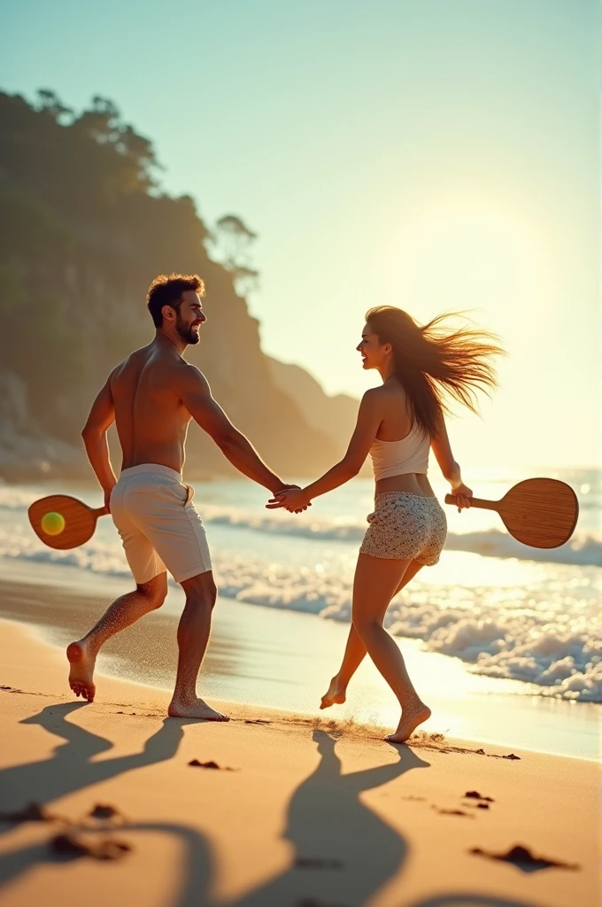 Couple playing Beach Tennis with wooden racket pins