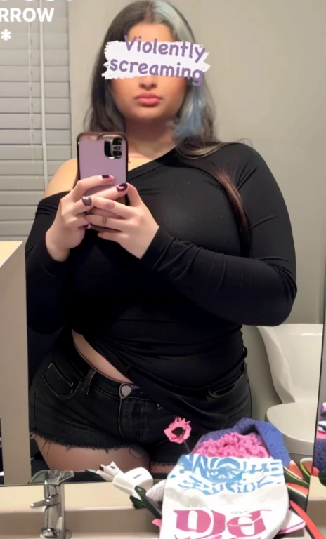 there is a woman taking a selfie in the mirror, 1 7 - year - old goth girl, thicc, she has a jiggly fat round belly, full body picture, outfit photo, 18 years old, middle body shot, Big tits, huge , no clothes, sexy, cute, wide hips, thick thighs, pear-shaped body, minimal clothes, thick, bbw, chubby stomach, thick nipples, large areola, nipples hard through shirt, muscular, strong, thick hips, minimal clothes, low cut v neck shirt with cleavage, fat chubby stomach, bikini, fat round stomach, naked fat stomach, no pants