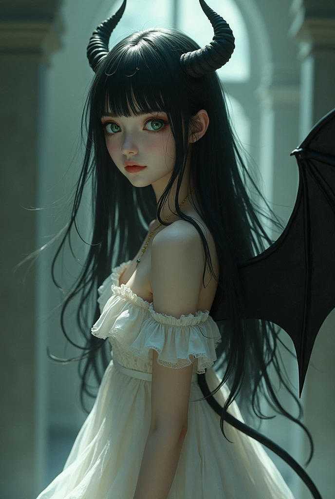 draw a girl with black long hair, with black horns, dark green eyes, short straight bangs and in a white dress above the knee, with a tail like the devil and the wings of a bat, a cross necklace around the neck. back view