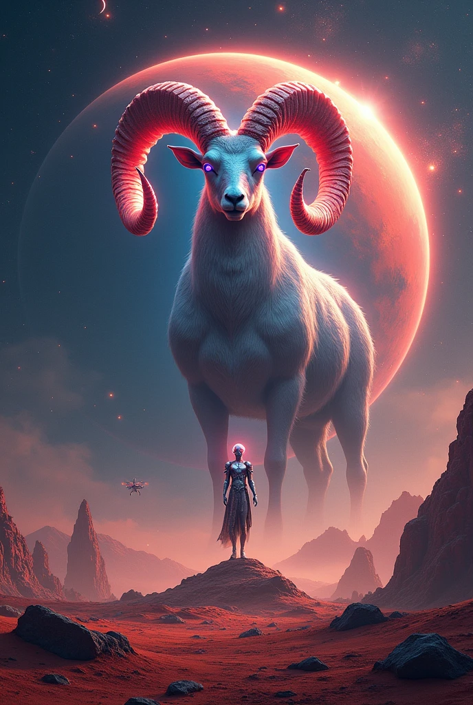 Imagine an ultra-galactic scenario with a deep space background, dotted with bright stars and colorful nebulae. En el centro de la imagen, Mars appears with a reddish hue, but with additional details such as bright rings around the planet. in the spotlight, an imposing figure of a stylized ram, Representing Aries, it is positioned on the surface of Mars, with an ethereal glow emanating from its body. The ram could have a futuristic aspect, with horns adorned with neon lights and metallic details, creating an impressive contrast with the Martian environment. Ao fundo, you can add some spaceships and advanced structures to give a more galactic touch.
