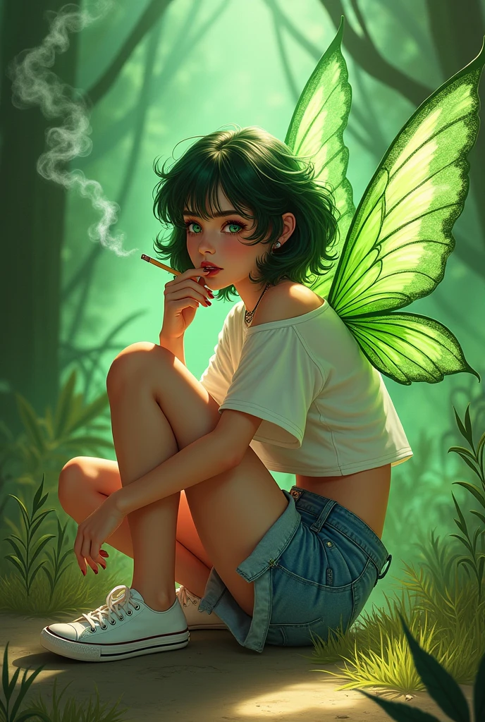 a modern fairy sitting on the floor smoking a cigarette, green smoke comes out of her, she is wearing jean shorts, white tennis shoes, a half-shoulder t-shirt, green wings coming out of her back, she is sitting on her side. tinkerbell, ???????? princess, personification of marijuana, green smoke, acid pixie, acid pixie acid pixie, vibrant cartoon, weed background, fantasy pop art, magic dust pixie, cartoon digital painting, smoke around you , green magic, some green, green skin, grass, amazing art, beautiful character painting, amazing artwork, perfect artwork