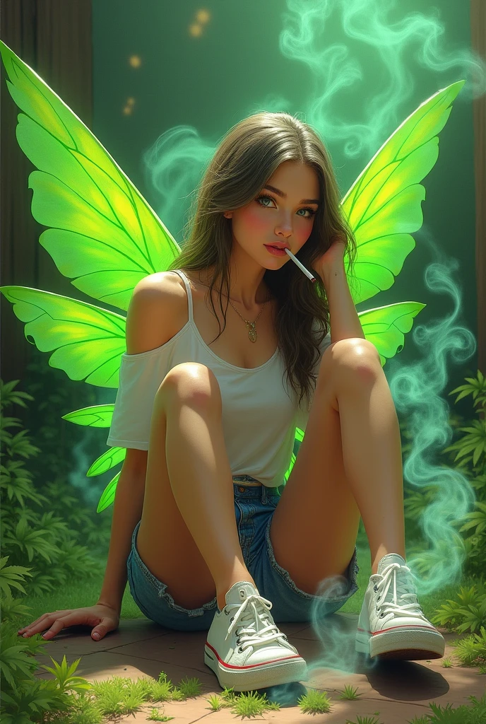 a modern fairy sitting on the floor smoking a cigarette, green smoke comes out of her, she is wearing jean shorts, white tennis shoes, a half-shoulder t-shirt, green wings coming out of her back, she is sitting on her side. tinkerbell, cannabis princess, personification of marijuana, green smoke, acid pixie, acid pixie acid pixie, vibrant cartoon, weed background, fantasy pop art, magic dust pixie, cartoon digital painting, smoke around you , green magic, some green, green skin, grass, amazing art, beautiful character painting, amazing artwork, perfect artwork