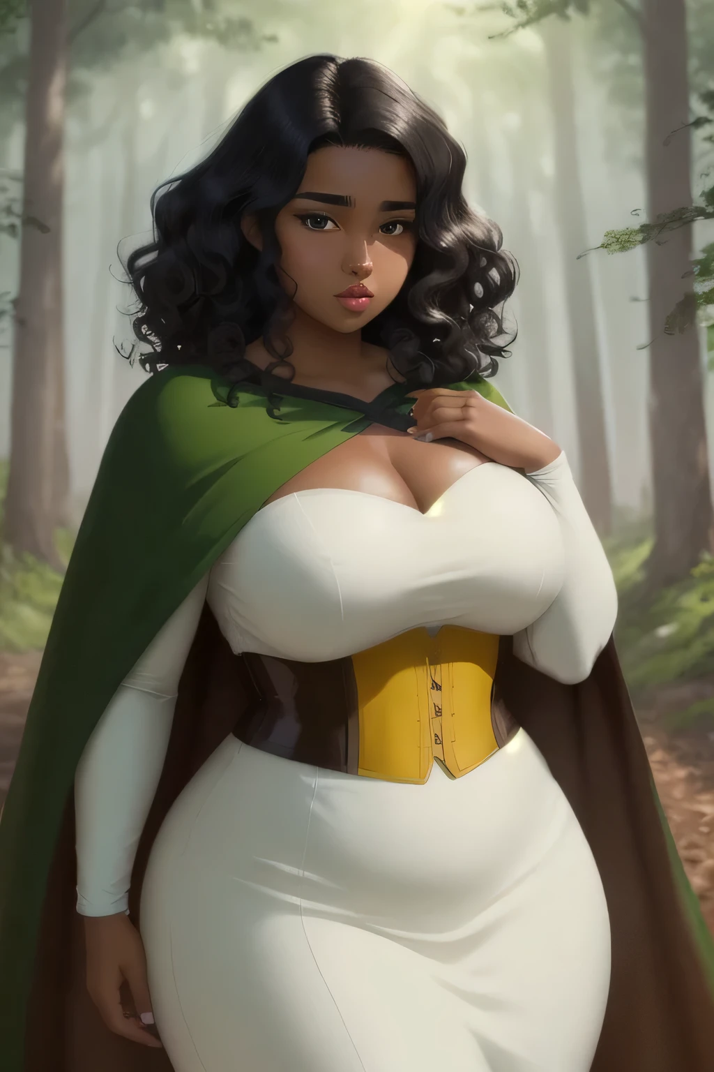 Anime illustration semi-realism of brown skin latina girl, 25 year old, plus size, curvy, overweight, black round eyes, black color hair and wavy curly, big lips, anime, sleek design, brown skin, sideswept hairstyle, round face, wearing green cape and white dress with brown corset, forest town in background, dynamic light,