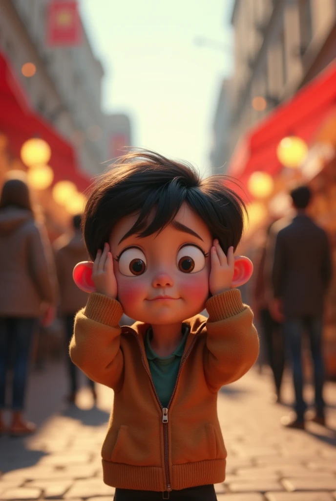 Cartoon Pixar character with autism covering their ears, distressed by the noise made by people
