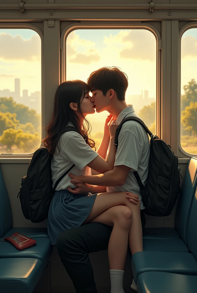 Korean school couple on front of train alone during daytime girl sitting on guys lap and they are young and kissing
