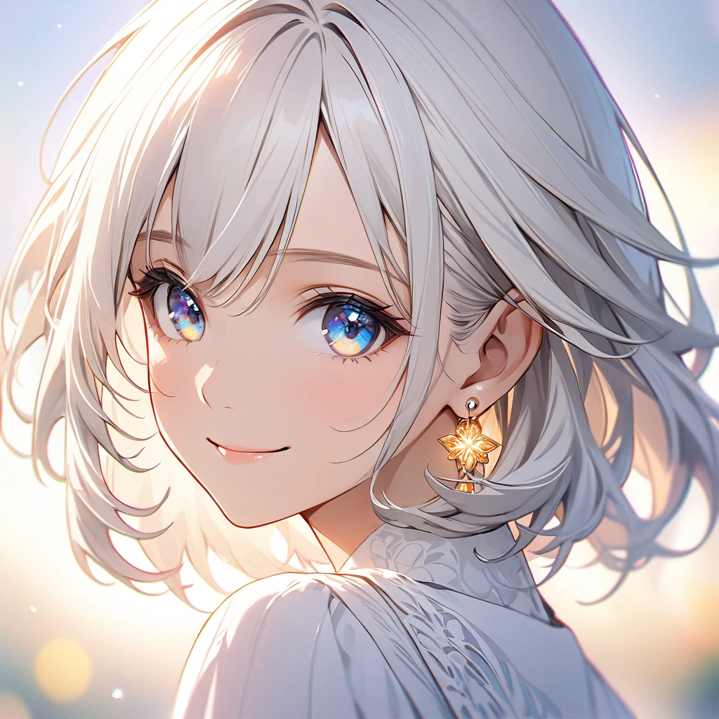 a beautiful girl with medium length white hair, wearing earrings, smiling with bright eyes and a soft gaze, solo portrait, high resolution, simple background, blurred background, bright lighting