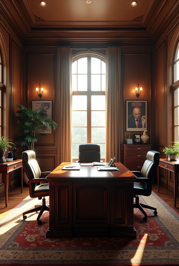 A director's office with a large desk, chairs all around, and a window with natural light filtering in.realisitic,cinematic, 8k