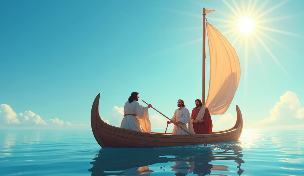 Apostles on a boat, sailing on calm waters. The sky is clear blue and the sun shines, symbolizing new opportunities. The composition conveys a sense of adventure and hope.
