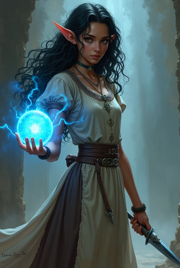 A girl with bronze skin, long curly black hair, pointed ears, wearing a plain dress and apron, wielding a orb of blue magic and a dagger