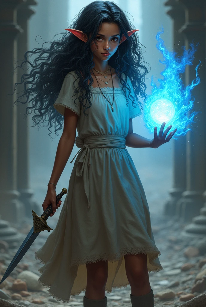 A teenage girl with bronze skin, long curly black hair, pointed ears, wearing a plain dress and apron, wielding a orb of blue magic and a dagger