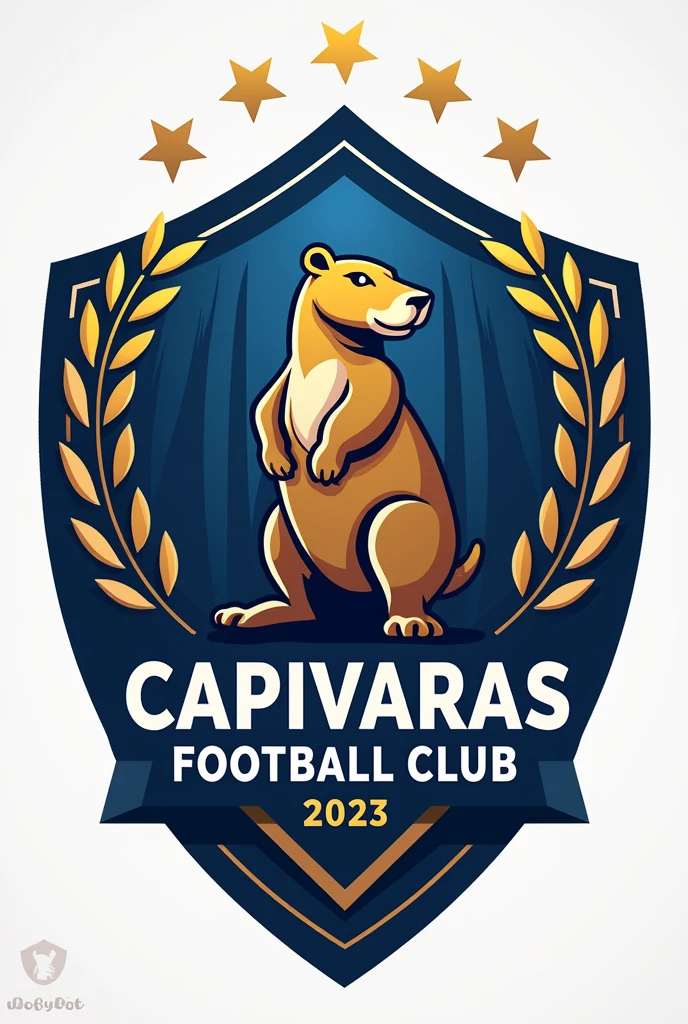 Design a modern and elegant team crest for Capivaras Football Club. The crest should be inspired by the traditional Fluminense Football Club crest, featuring a shield with a similar shape. Use the colors blue, gold, and white to reflect the club's identity. Incorporate elements like a capybara as the central symbol, and include stylized details such as football motifs, stars, or laurel wreaths. The overall design should be balanced, with a mix of classic and contemporary aesthetics, and include the club's name and founding year (2023). The crest should evoke a sense of pride, strength, and tradition, similar to the iconic Fluminense crest.